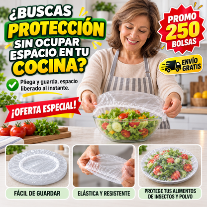 250 Cubiertas Elásticas para Alimentos™ - Cubre, guarda y protege en segundos