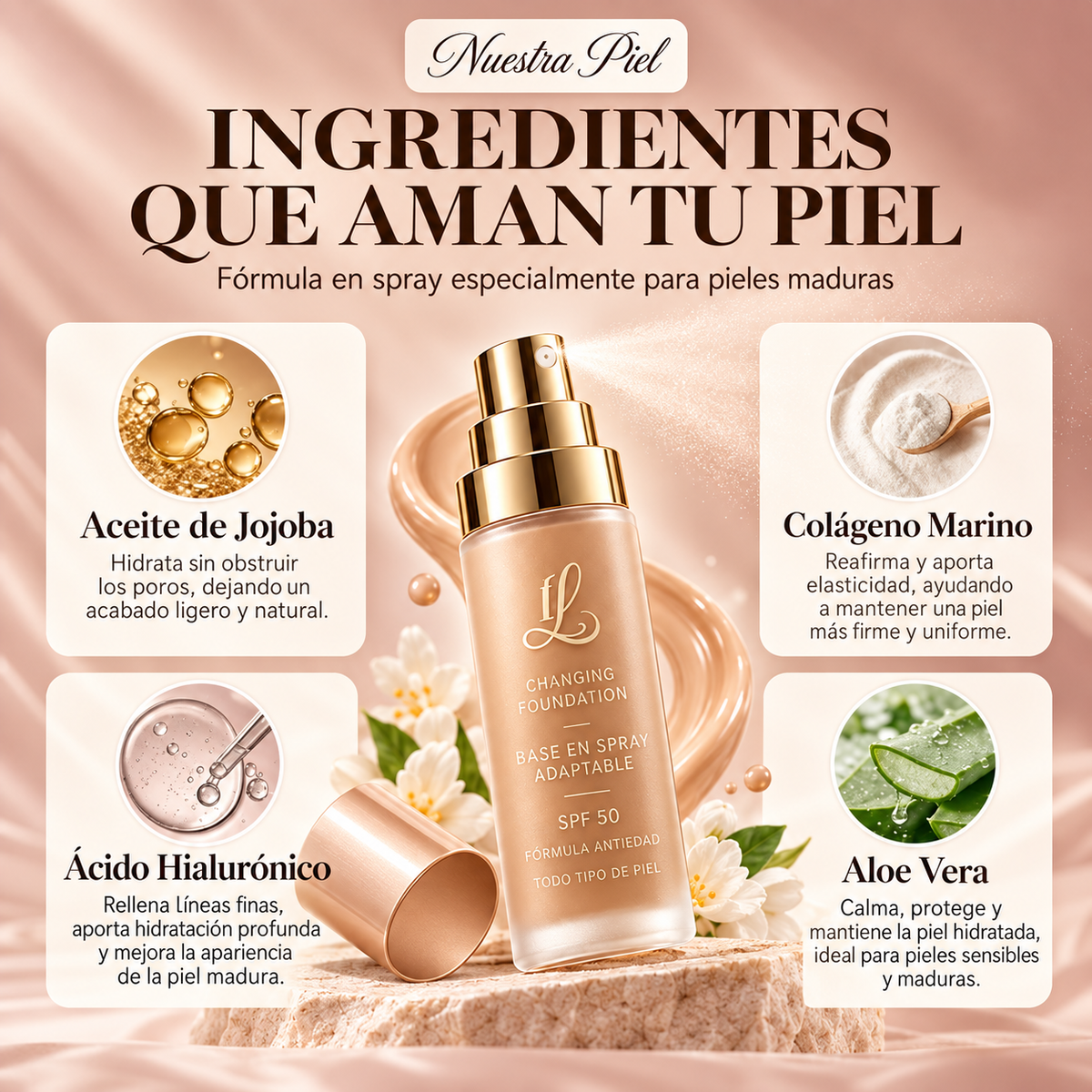 Base de Maquillaje en Spray Antiedad con SPF 50 – Se Adapta a tu Tono de Piel